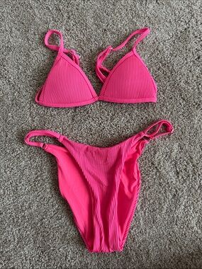 Ribbed Pink Triangle Bikini Set